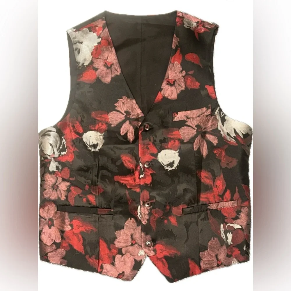 🆕 Cloudstyle Sz S Men’s Red Silver and Black Floral Blazer & Matching Vest - Picture 5 of 8
